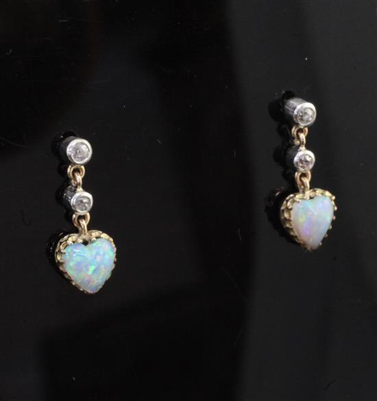 A pair of Edwardian gold, white opal and diamond drop earrings, approx. 16mm.